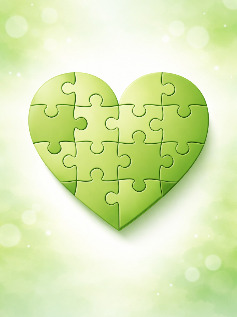 Hintergrund in verschiedenen Grüntönen mit hellen Lichteffekten. Im Vordergrund ein hellgrünes Herz, welches aus Puzzleteilen zusammengesetzt ist.