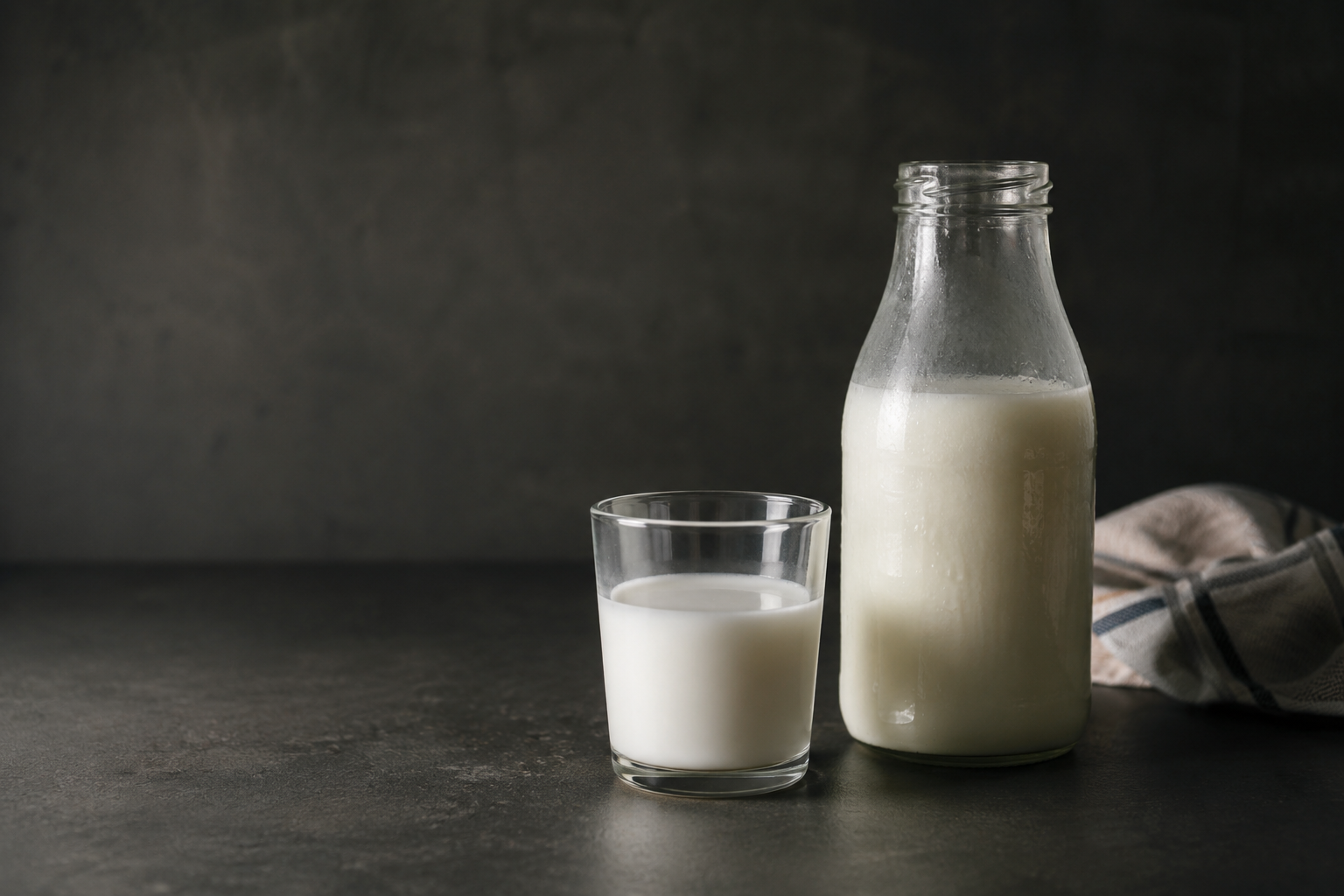 Vor dunklem Hintergrund liegt rechts im Bild ein zusammengeknülltes Geschirrtuch. Links davon steht eine durchsichtige Glasflasche und ein Glas, beide sind mit Milch gefüllt.