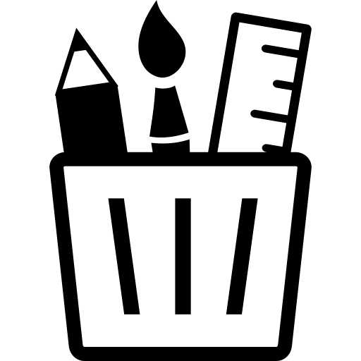schematische Darstellung eines Bechers, in dem sich ein Stift, ein Pinsel und ein Lineal befinden